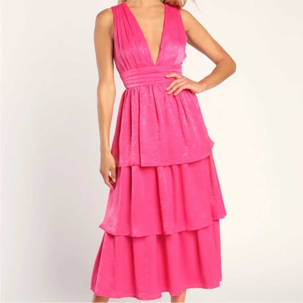 NWT Lulus Peak Party Vibe Hot Pink Satin Tiered Tie-Back Midi Dress - Picture 2 of 4